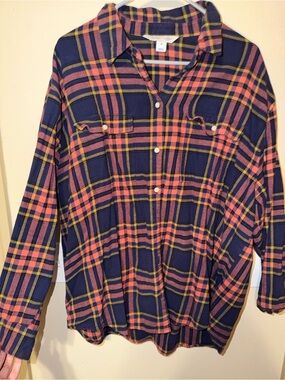 Old Navy Navy Plaid Boyfriend Shirt with Pink and Yellow Stripes